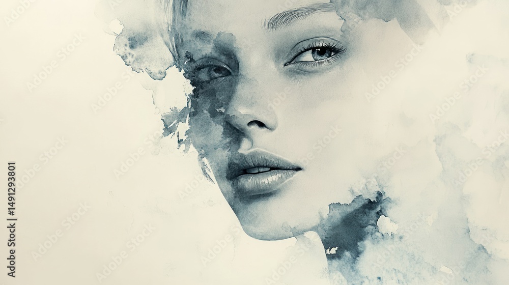 Fototapeta premium A serene watercolor portrait of a woman, her face partially obscured by soft, flowing blue hues