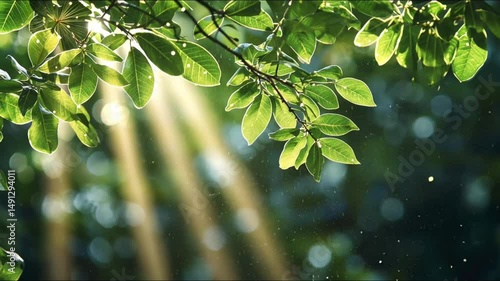 Sun rays beaming through green leaves, nature's beauty