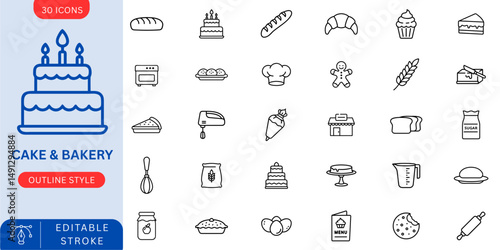 Bakery icons for cakes, bread, cookies, desserts, pastry, sweets.