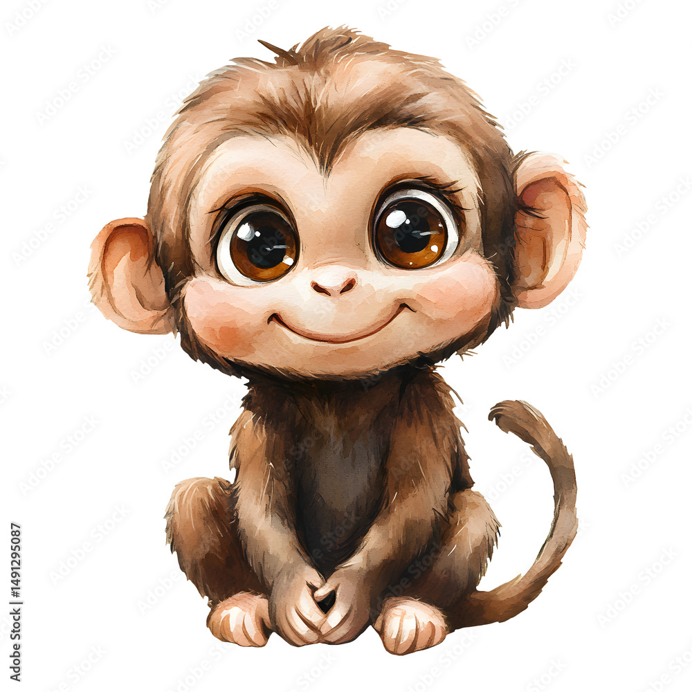 Obraz premium Cute baby monkey in a sitting position with adorable features and playful expressions. Animal character with smiling face and big eyes. Watercolor illustration isolated on transparent background.