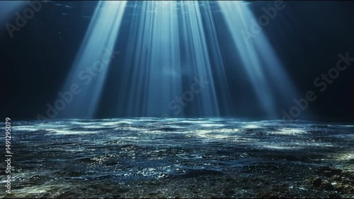 Sunbeams underwater, dark ocean floor, serene