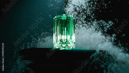 Emerald gemstone on dark surface with sparkly dust. Green jewel with shiny facets. Treasure concept.