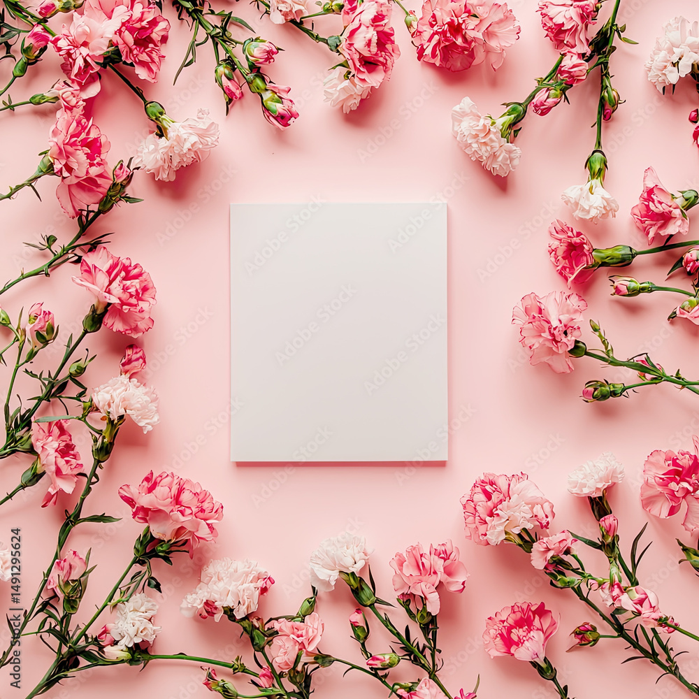 Pink carnation floral frame with white square on pink background perfect for adding text or designs isolated on white background, ideal for invitations Pink carnation floral frame with white square on pink background perfect for adding text or designs isolated on white background, ideal for invitations