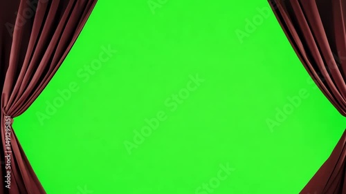 Red Velvet Curtains Open Smoothly Revealing Bright Green Chroma Key Background For Theater VFX Scene