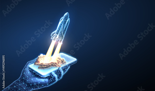 Spaceship takeoff and phone in hand. Rocket launch, Space shuttle, Mission start