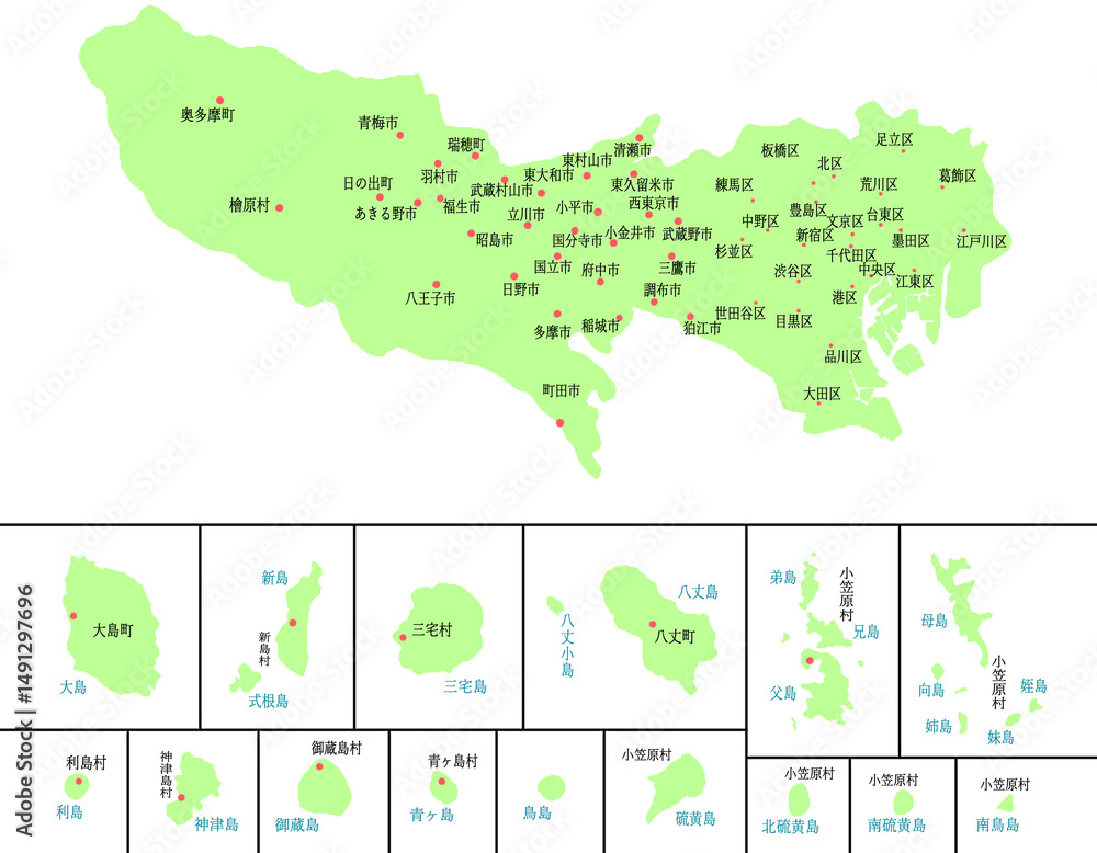Fototapeta premium 東京都 地図 黄緑 斑点 イラスト
