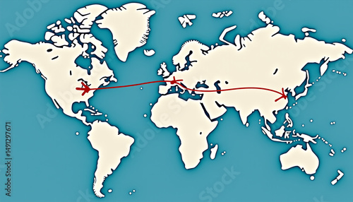 Global Travel Route Map with Red Line Path