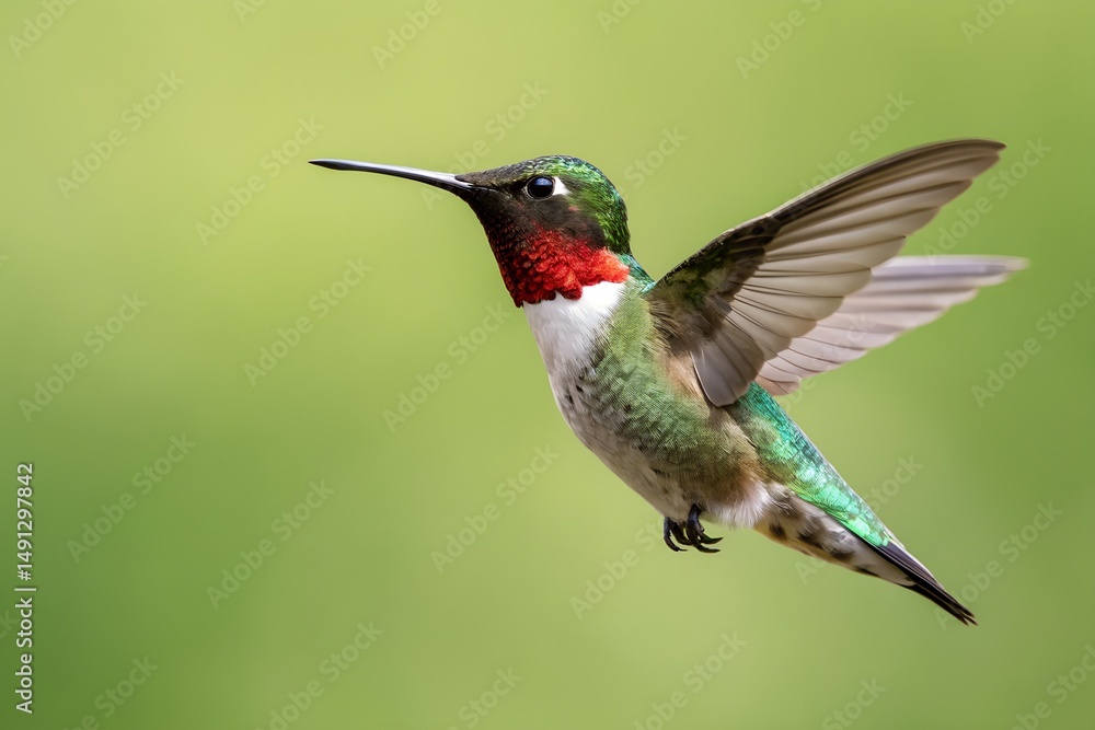 Fototapeta premium Ruby throated hummingbird in flight green background