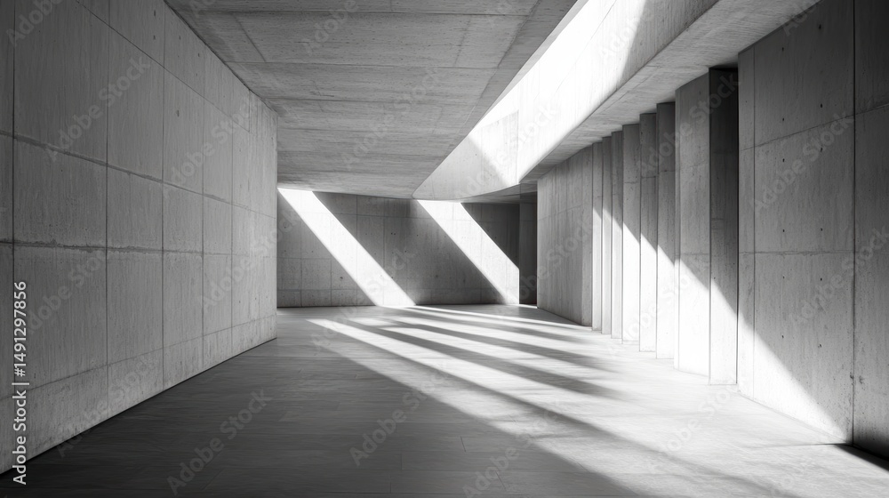 Fototapeta premium Sunlit modern concrete corridor interior architecture.