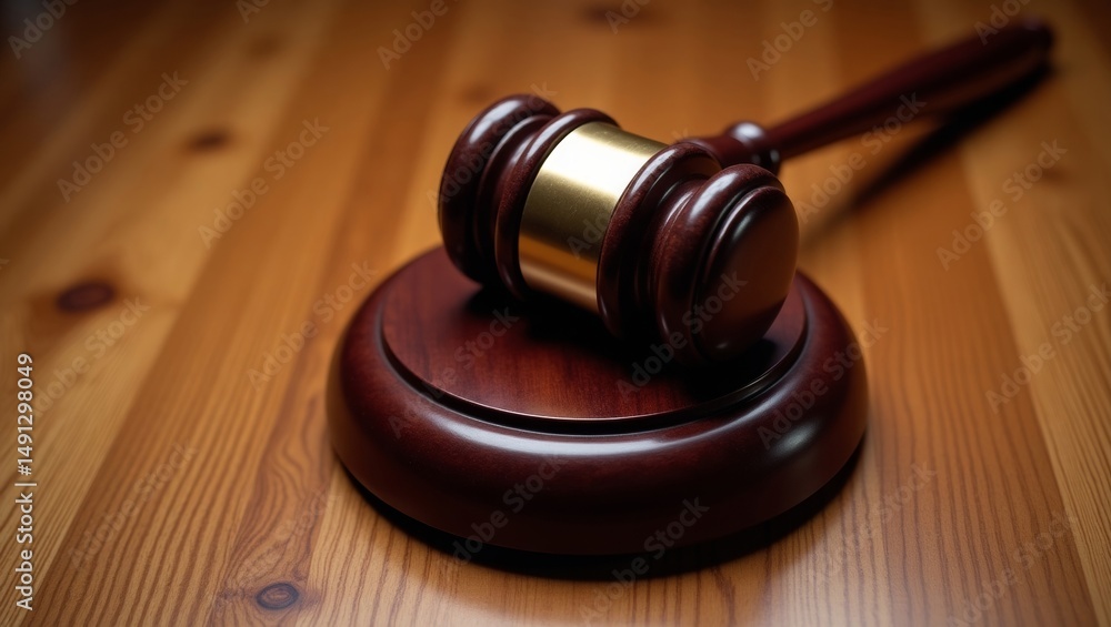 Obraz premium Polished wooden gavel and sound block symbolizing justice in a professional legal environment