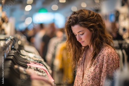 Woman browsing items at trendy urban boutique, city shopping, white background
