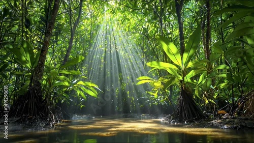 Sunrays filtering through lush, green forest canopy