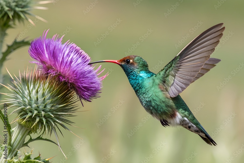Naklejka premium Hummingbird feeding on a vibrant purple thistle flower