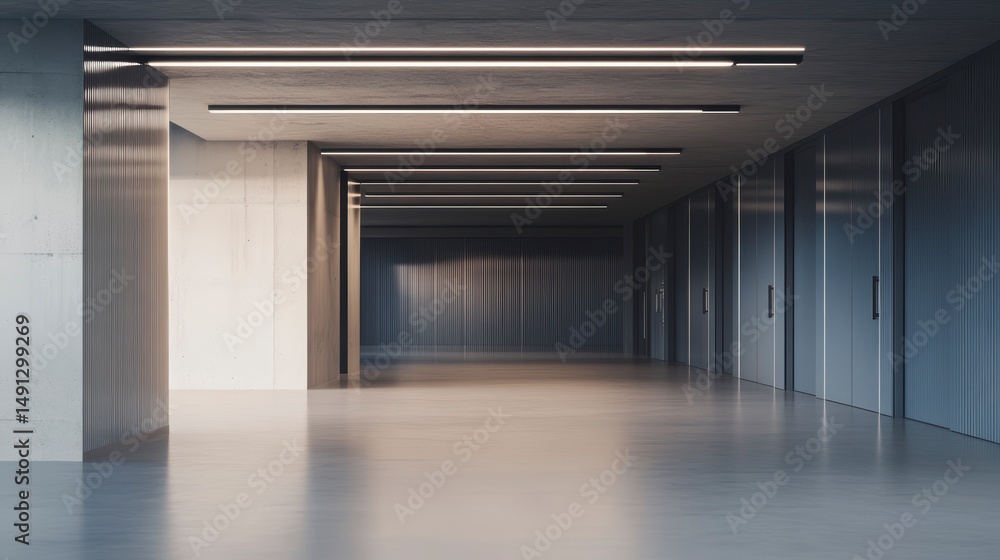 Obraz premium Modern minimalist hallway with concrete walls, metal accents, and sleek lighting.