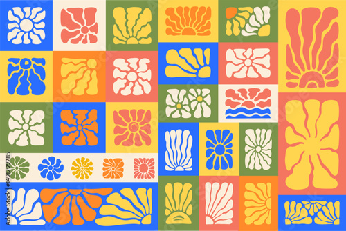 Colorful abstract set featuring groovy sunbursts, floral doodle shapes in retro naive hippie style