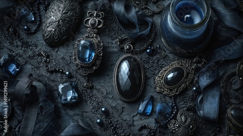 Mysterious and elegant still life composition featuring dark jewelry adorned with blue gems, complemented by a flickering candle, creating an atmosphere of gothic luxury and intrigue