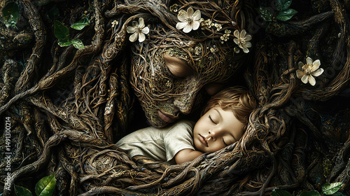 Child sleeping peacefully in the embrace of a tree spirit, a symbol of nature's love and protection, cradled by roots and flowers