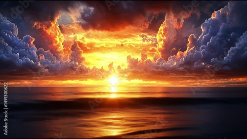 Sunset ocean. Fiery clouds, bright light. Use Travel