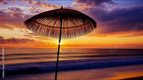 Sunset over a beach with an umbrella silhouette.