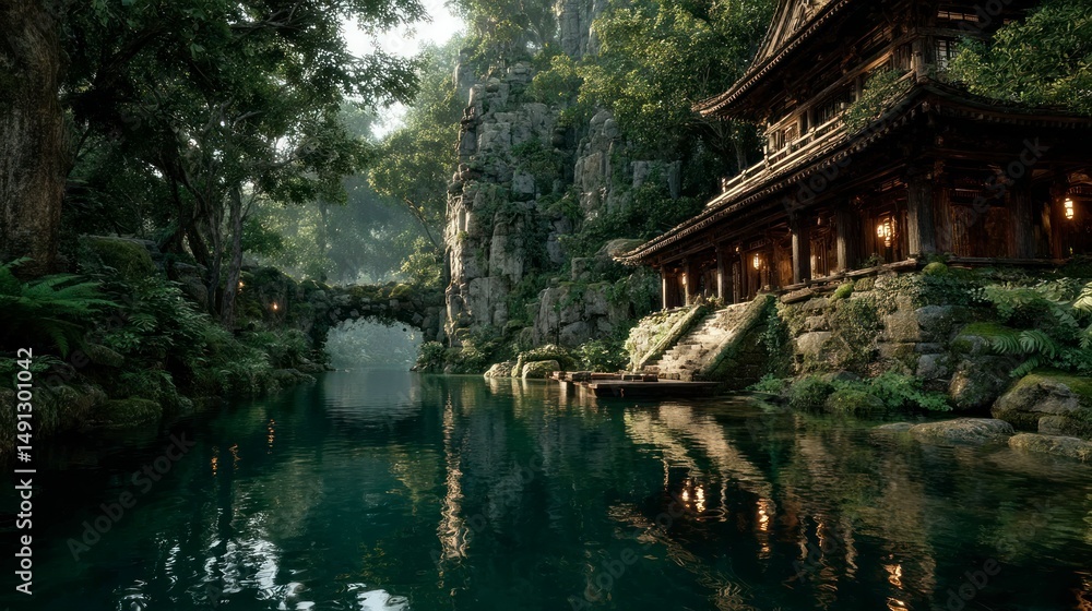 Serene Ancient Architecture by a Tranquil River Surrounded by Lush Greenery and Rock Formation Serene Ancient Architecture by a Tranquil River Surrounded by Lush Greenery and Rock Formation