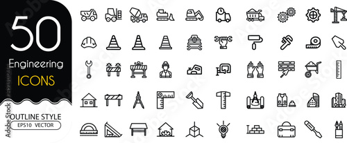 Set of 50 outline icons related to Engineering. Linear icon collection. Line Editable Icons set.. Vector illustration, EPS10