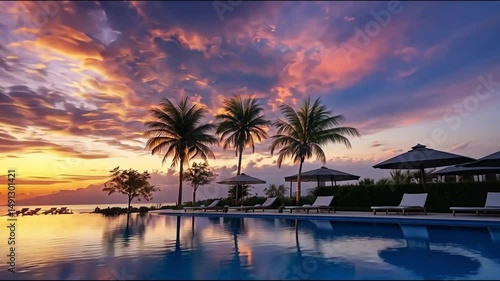 Sunset over tropical pool.