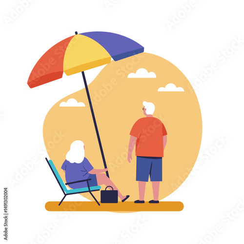 Elderly couple relaxing under a colorful umbrella at the beach  