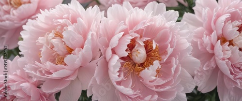 Soft pink peony blossoms, tightly arranged, delicate petals , peony, floral design