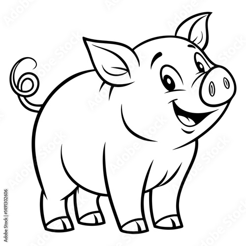 A charming pig with a curly tail and a delighted smile stands out, radiating cuteness, illustrated in a simple, appealing style. coloring page