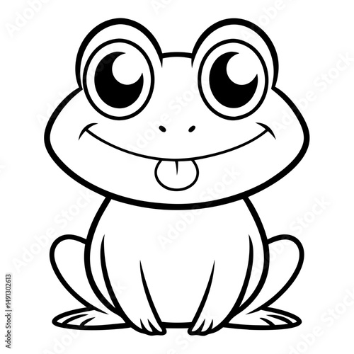 A charming frog is rendered in a bold, clean, black and white outline, sticking its tongue out, and smiling with wide eyes, embodying innocence and playful character. coloring page