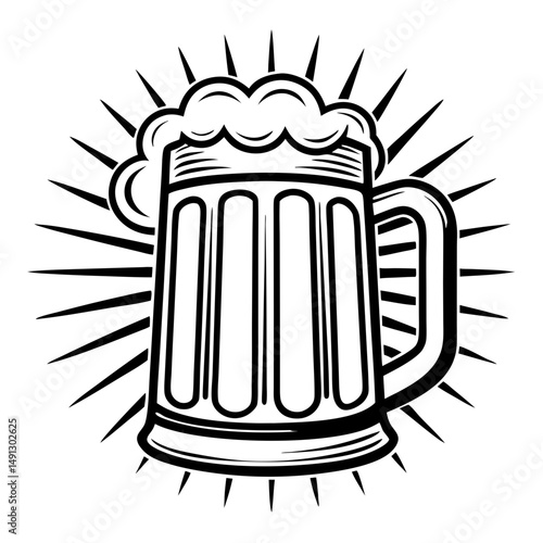 A meticulously crafted illustration of a classic beer mug overflowing with a rich, foamy head, set against a backdrop of radiant sunburst. Perfect for a variety of creative projects. coloring page