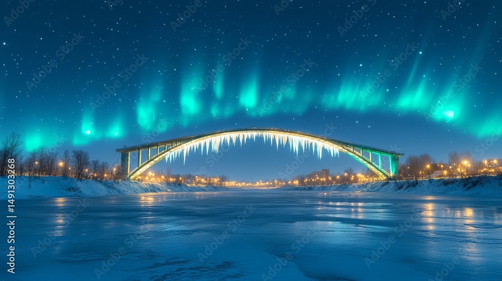 Fototapeta premium Frozen bridge under a vibrant aurora borealis display.