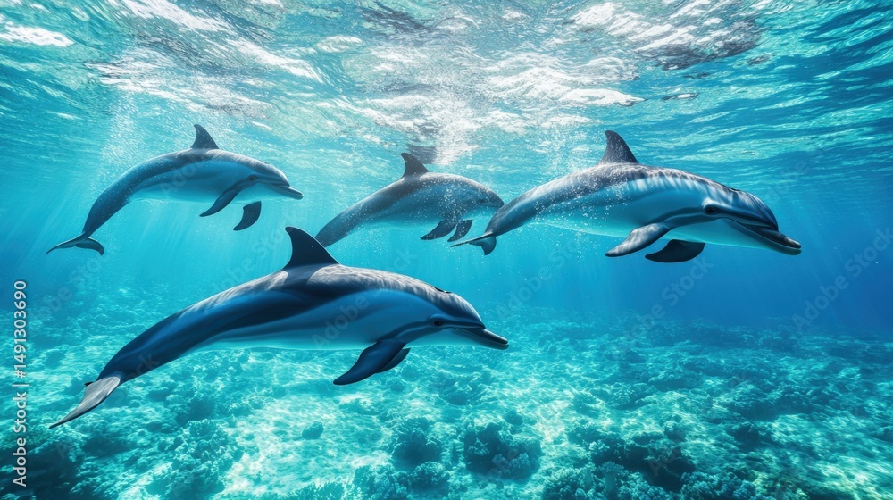 Fototapeta premium School Of Fish Swimming In The Deep Sea