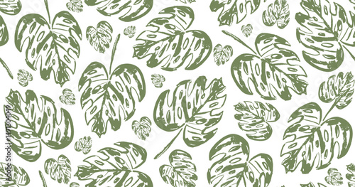 Botanical dark green seamless pattern with big and small hand drawn textured tropical monstera leaves. Exotic rainforest plants texture print for textile, wrapping paper, surface design, background