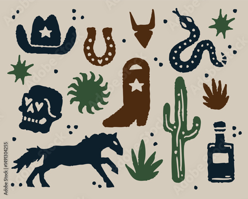 Adobe Illustrator Artwork of Western Iconic Artwork including cowboy hats, horses, cactus, whiskey, snakes and skulls