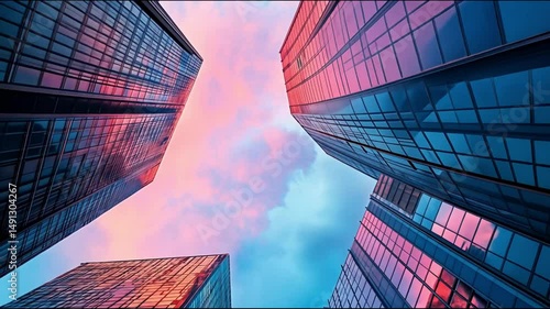Tall glass buildings reflect pink sky.