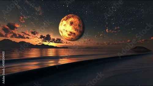 Surreal landscape with a large glowing planet.