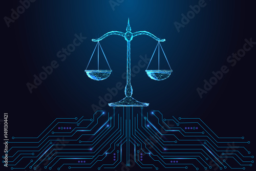 AI ethics, Digital law, justice technology concept with glowing balance scale, vector illustration