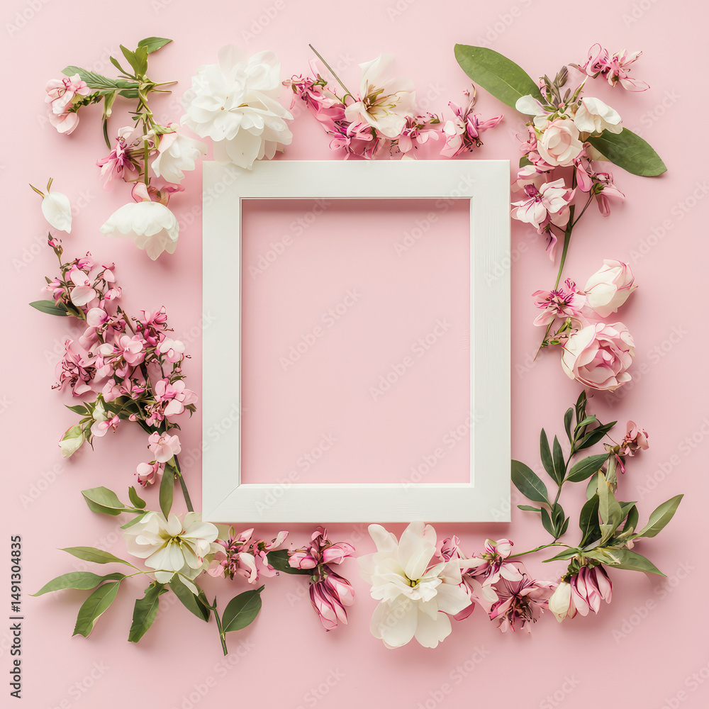 Floral frame with white border on pink background surrounded by delicate blossoms and leaves, perfect for adding your text or image, creating a beautiful design Floral frame with white border on pink background surrounded by delicate blossoms and leaves, perfect for adding your text or image, creating a beautiful design