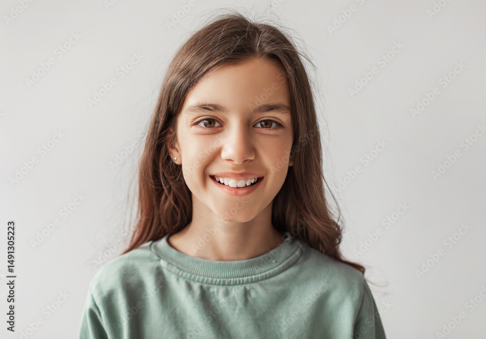 Headshot Of Happy Girl Smiling Looking At Camera Posing With Loose Hair Wearing Casual Clothes Over Gray Studio Background. Kids Fashion In Preteen Age Concept. Front View Shot Headshot Of Happy Girl Smiling Looking At Camera Posing With Loose Hair Wearing Casual Clothes Over Gray Studio Background. Kids Fashion In Preteen Age Concept. Front View Shot