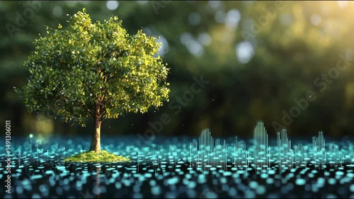 Tree & data graphs overlay, outdoor, tech concept