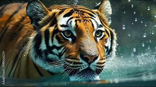 Tiger swimming in water.