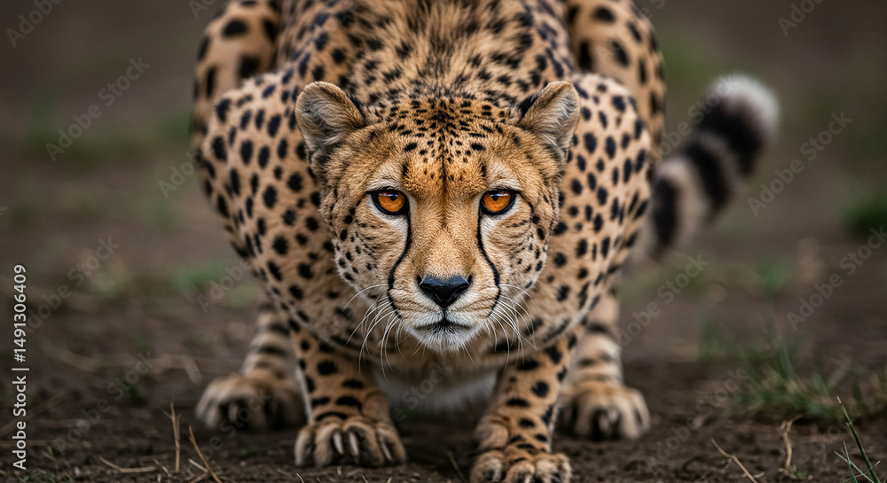 Cheetah crouching, staring intensely with piercing eyes Cheetah crouching, staring intensely with piercing eyes