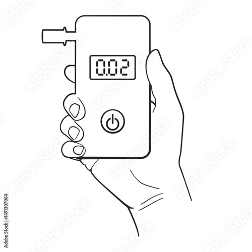 Hand holding a breathalyzer device for measuring blood alcohol or breath alcohol content with mouthpiece and digital display in outline vector