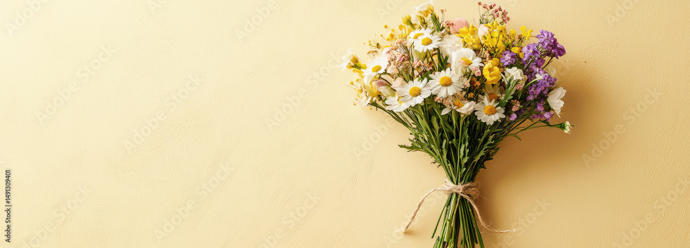 Obraz premium Colorful wildflower bouquet tied with twine on a solid yellow background, perfect for spring and summer designs and celebrations