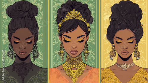 Elegant african american women with ornate jewelry and hairstyles in vintage style illustration isolated on patterned background. Decorative artwork with glamour and luxury