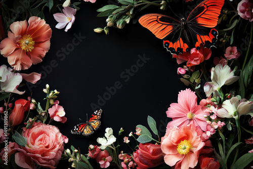 Floral arrangement with butterflies on black solid background featuring vibrant colors and elegant design elements for use as a template or greeting card with copy space