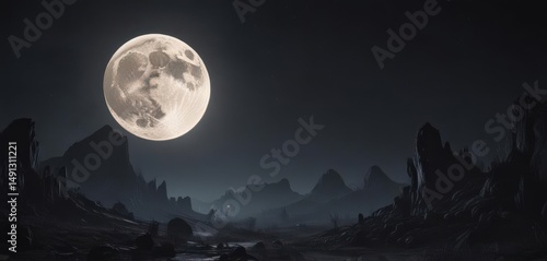 Low-hanging full moon casts eerie glow on dark landscape ,  hills,  mystical,  atmosphere
