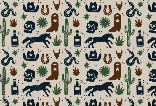 Adobe Illustrator Artwork of Western Iconic Artwork including cowboy hats, horses, cactus, whiskey, snakes and skulls