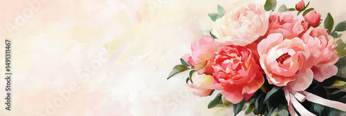 Oil painting of pink peonies bouquet with soft cream and pink background, a romantic and elegant floral design for spring or summer, decorative botanical artwork